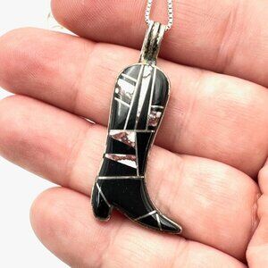 Vintage Womens Necklace Sterling Silver Inlay Gemstone Cowboy Pendant 18"